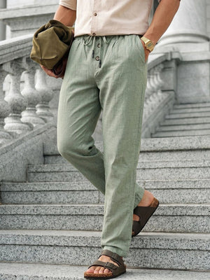 Green Smart Relaxed Fit Mid-Rise Solid Cotton Linen Pleated Casual Trouser For Men