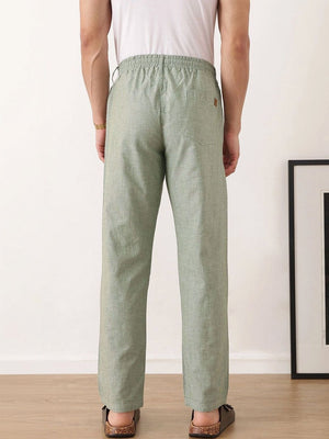 Green Smart Relaxed Fit Mid-Rise Solid Cotton Linen Pleated Casual Trouser For Men