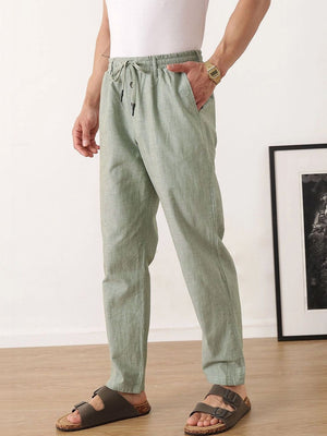 Green Smart Relaxed Fit Mid-Rise Solid Cotton Linen Pleated Casual Trouser For Men