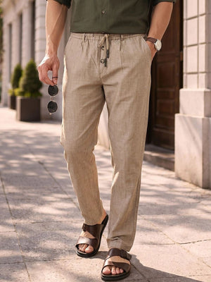 Khaki Smart Relaxed Fit Mid-Rise Solid Cotton Linen Pleated Casual Trouser For Men