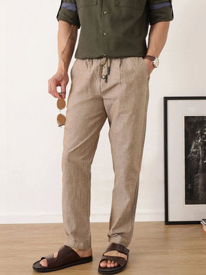 Khaki Smart Relaxed Fit Mid-Rise Solid Cotton Linen Pleated Casual Trouser For Men