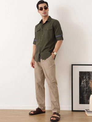 Khaki Smart Relaxed Fit Mid-Rise Solid Cotton Linen Pleated Casual Trouser For Men