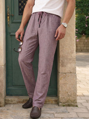 Maroon Smart Relaxed Fit Mid-Rise Solid Cotton Linen Pleated Casual Trouser For Men