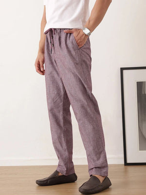 Maroon Smart Relaxed Fit Mid-Rise Solid Cotton Linen Pleated Casual Trouser For Men