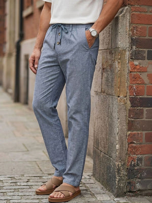 Navy Smart Relaxed Fit Mid-Rise Solid Cotton Linen Pleated Casual Trouser For Men