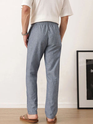Navy Smart Relaxed Fit Mid-Rise Solid Cotton Linen Pleated Casual Trouser For Men