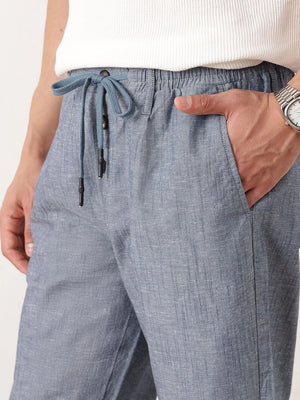 Navy Smart Relaxed Fit Mid-Rise Solid Cotton Linen Pleated Casual Trouser For Men