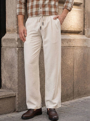 Beige Smart Straight Fit Mid-Rise Pleated Woven Trouser For Men