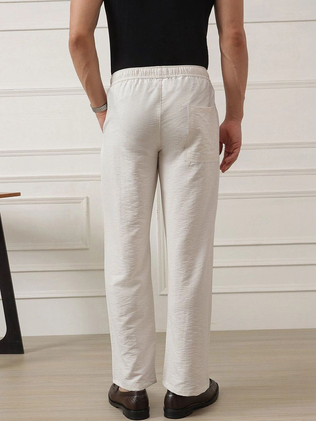 Beige Smart Straight Fit Mid-Rise Pleated Woven Trouser For Men