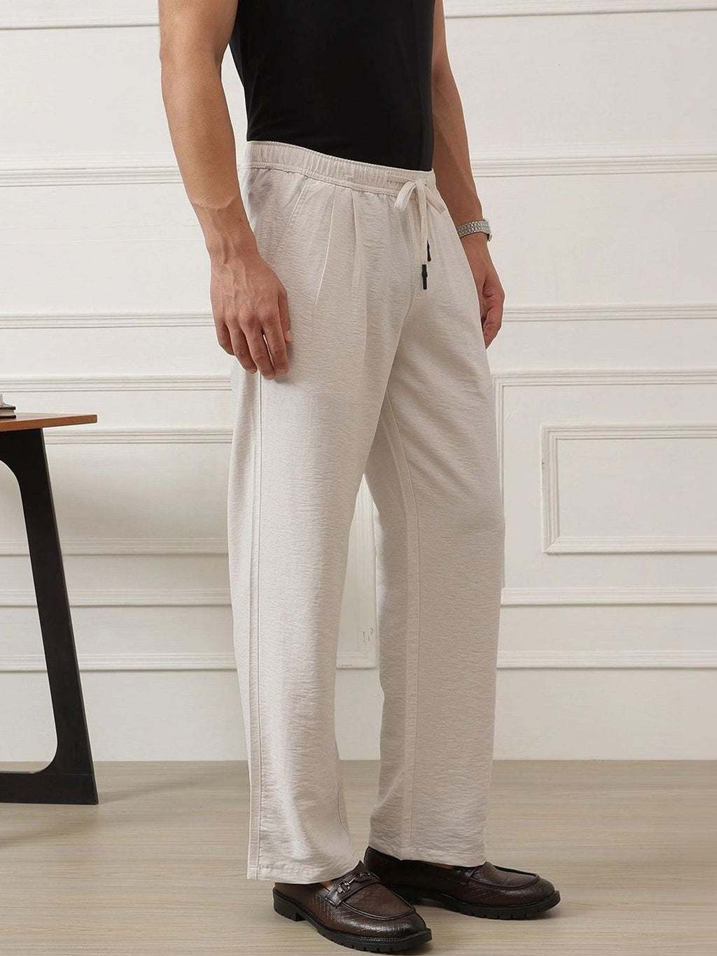 Beige Smart Straight Fit Mid-Rise Pleated Woven Trouser For Men