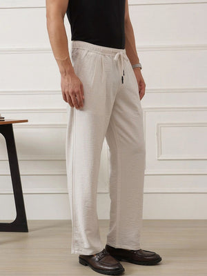 Beige Smart Straight Fit Mid-Rise Pleated Woven Trouser For Men