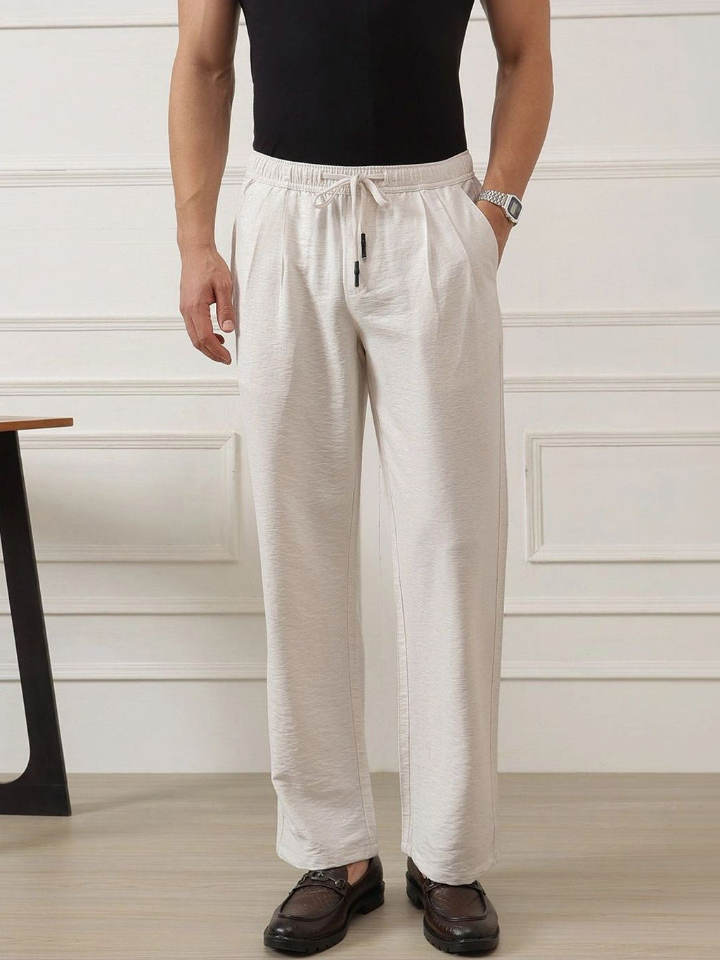Beige Smart Straight Fit Mid-Rise Pleated Woven Trouser For Men
