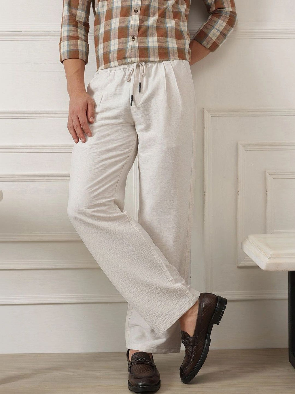 Beige Smart Straight Fit Mid-Rise Pleated Woven Trouser For Men