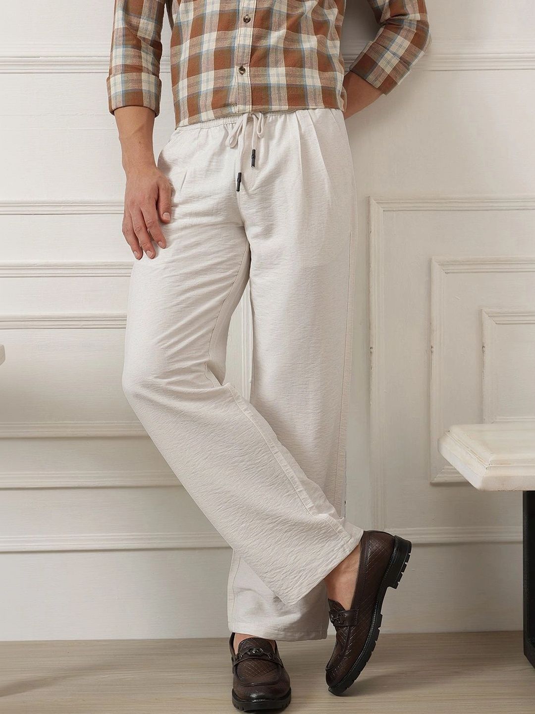 Beige Smart Straight Fit Mid-Rise Pleated Woven Trouser For Men