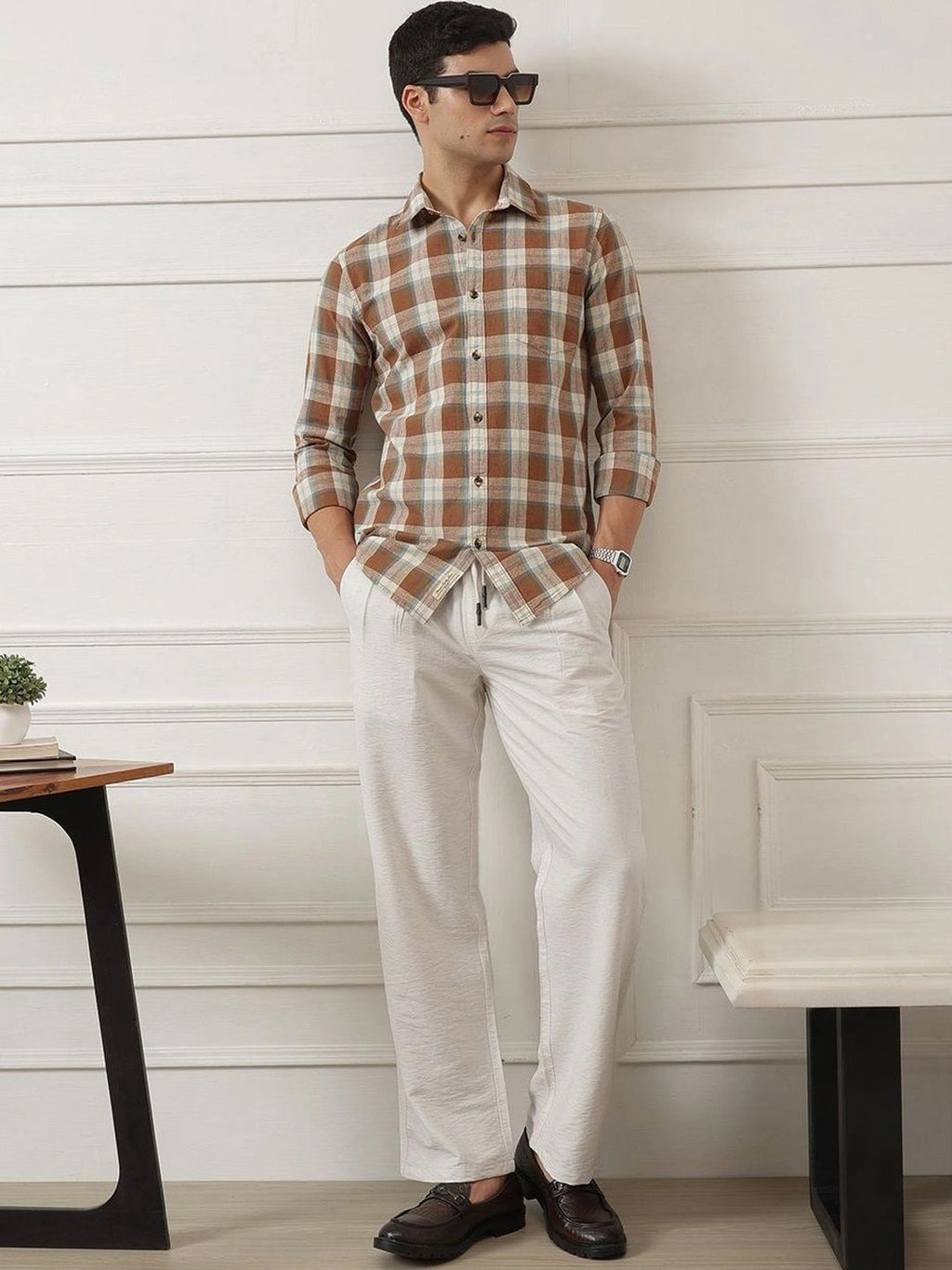 Beige Smart Straight Fit Mid-Rise Pleated Woven Trouser For Men