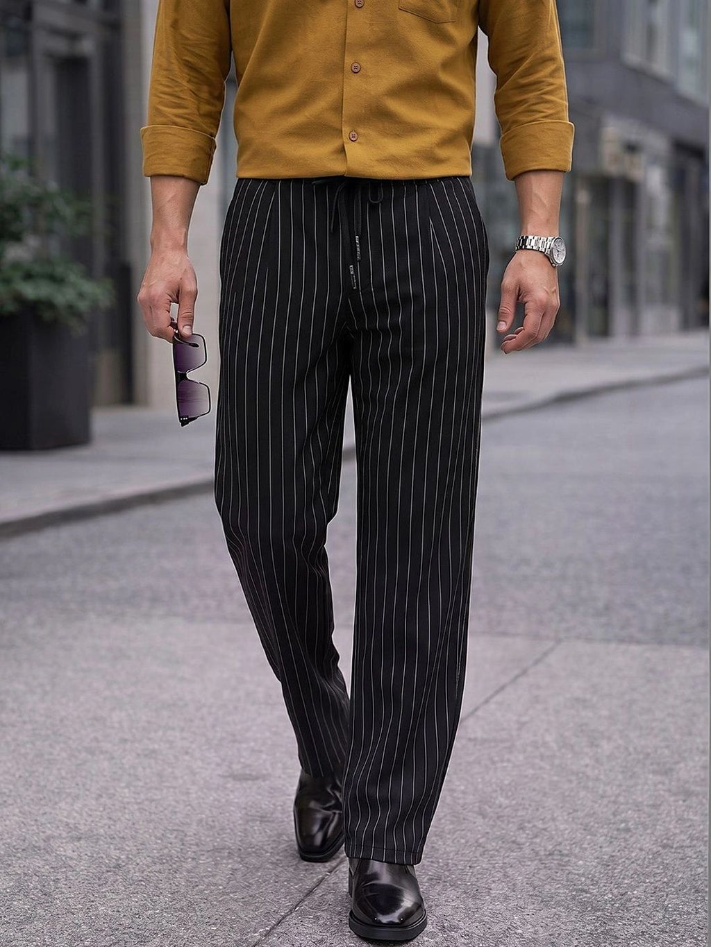 Black Smart Straight Fit Mid-Rise Pleated Woven Trouser For Men