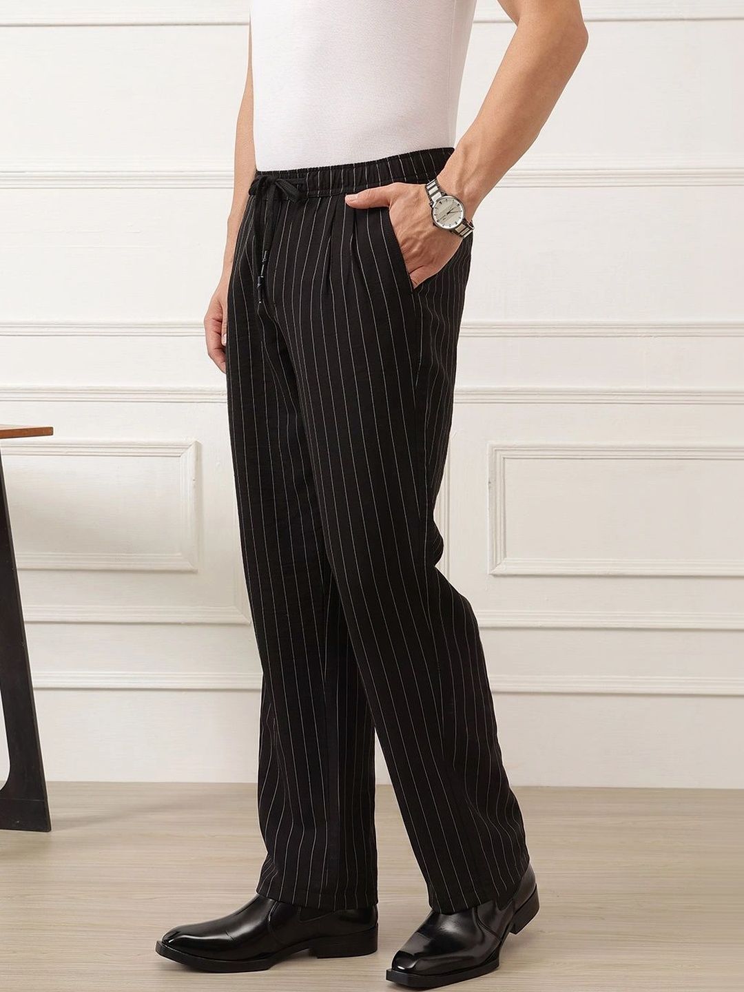 Black Smart Straight Fit Mid-Rise Pleated Woven Trouser For Men