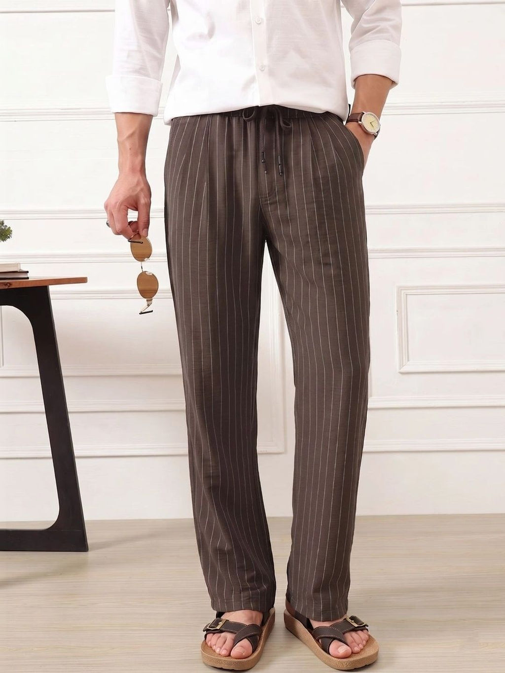 Brown Smart Straight Fit Mid-Rise Pleated Woven Trouser For Men