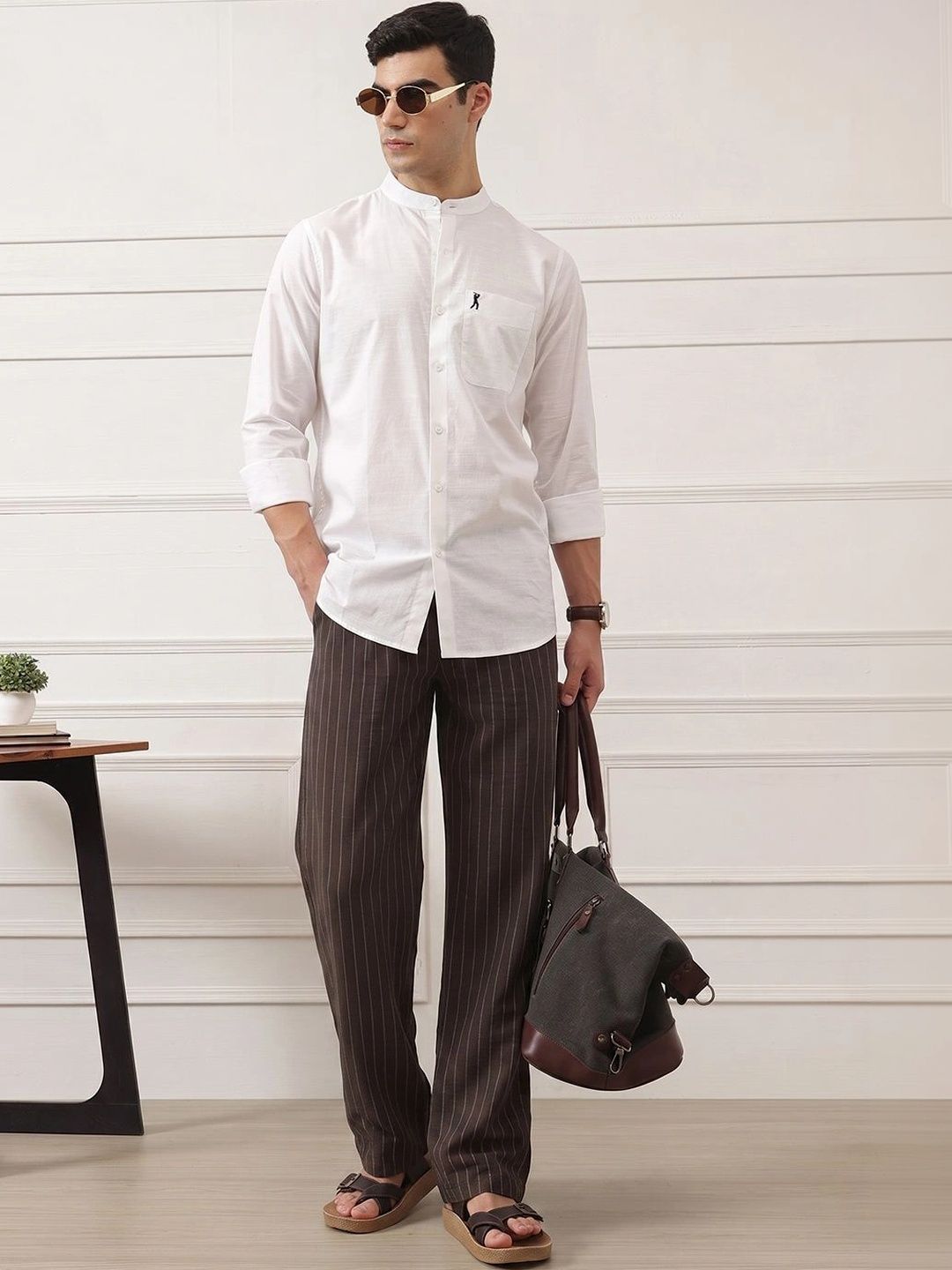 Brown Smart Straight Fit Mid-Rise Pleated Woven Trouser For Men