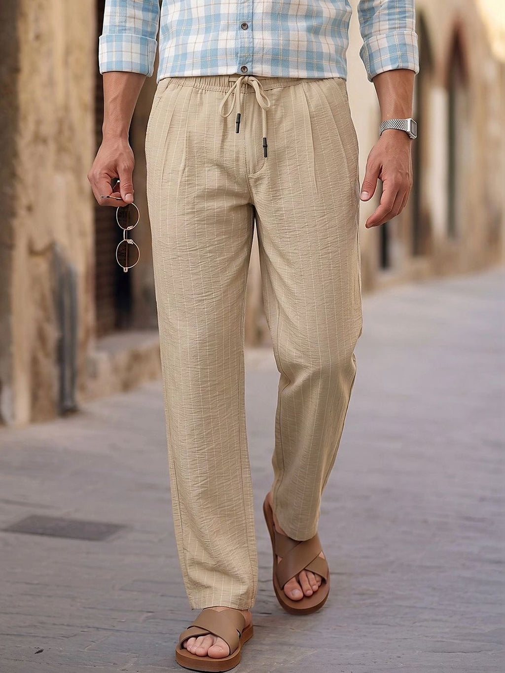 Cream Smart Straight Fit Mid-Rise Pleated Woven Trouser For Men