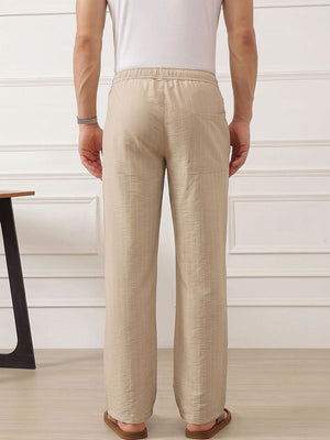 Cream Smart Straight Fit Mid-Rise Pleated Woven Trouser For Men