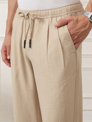 Cream Smart Straight Fit Mid-Rise Pleated Woven Trouser For Men