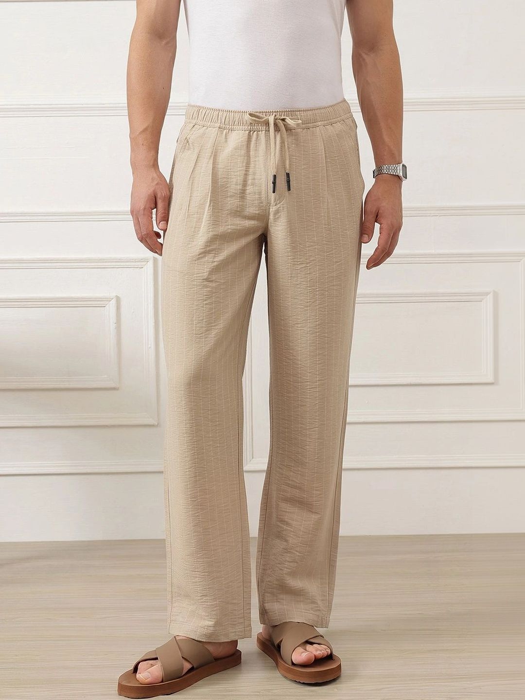 Cream Smart Straight Fit Mid-Rise Pleated Woven Trouser For Men