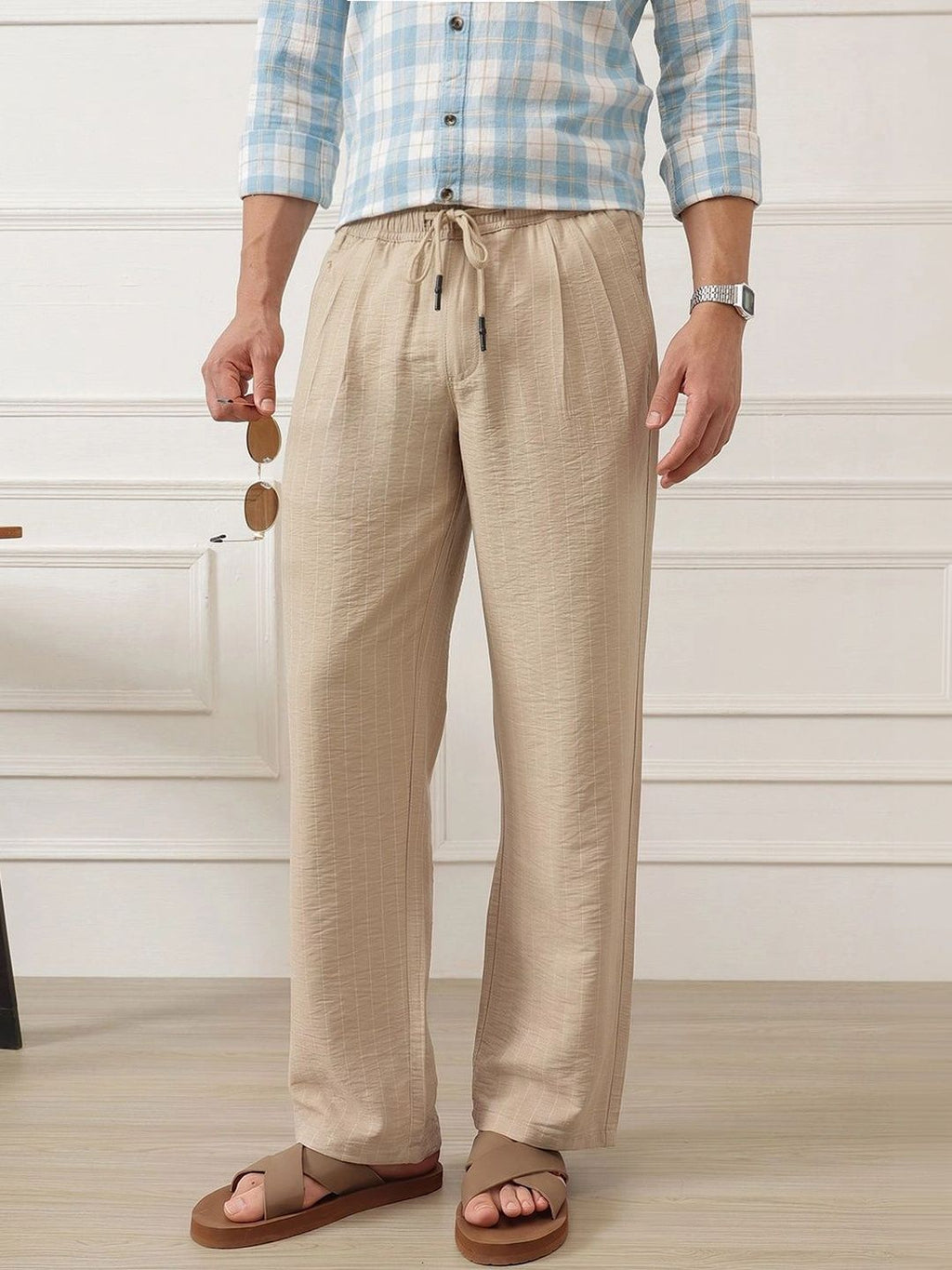 Cream Smart Straight Fit Mid-Rise Pleated Woven Trouser For Men