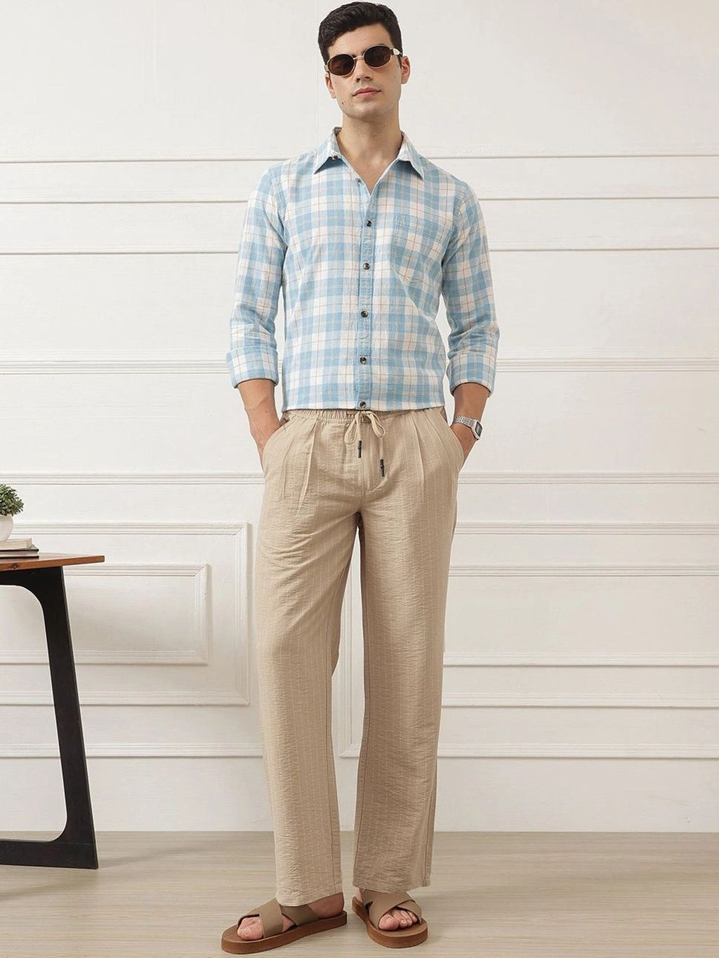 Cream Smart Straight Fit Mid-Rise Pleated Woven Trouser For Men
