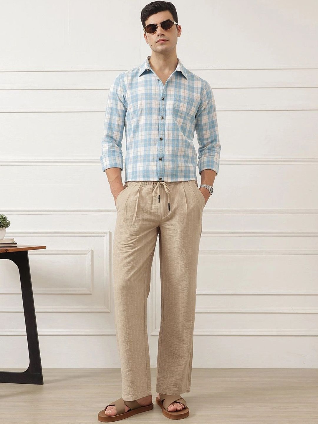 Cream Smart Straight Fit Mid-Rise Pleated Woven Trouser For Men