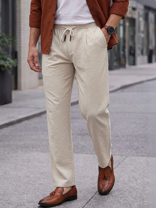 Natural Smart Straight Fit Mid-Rise Pleated Woven Trouser For Men