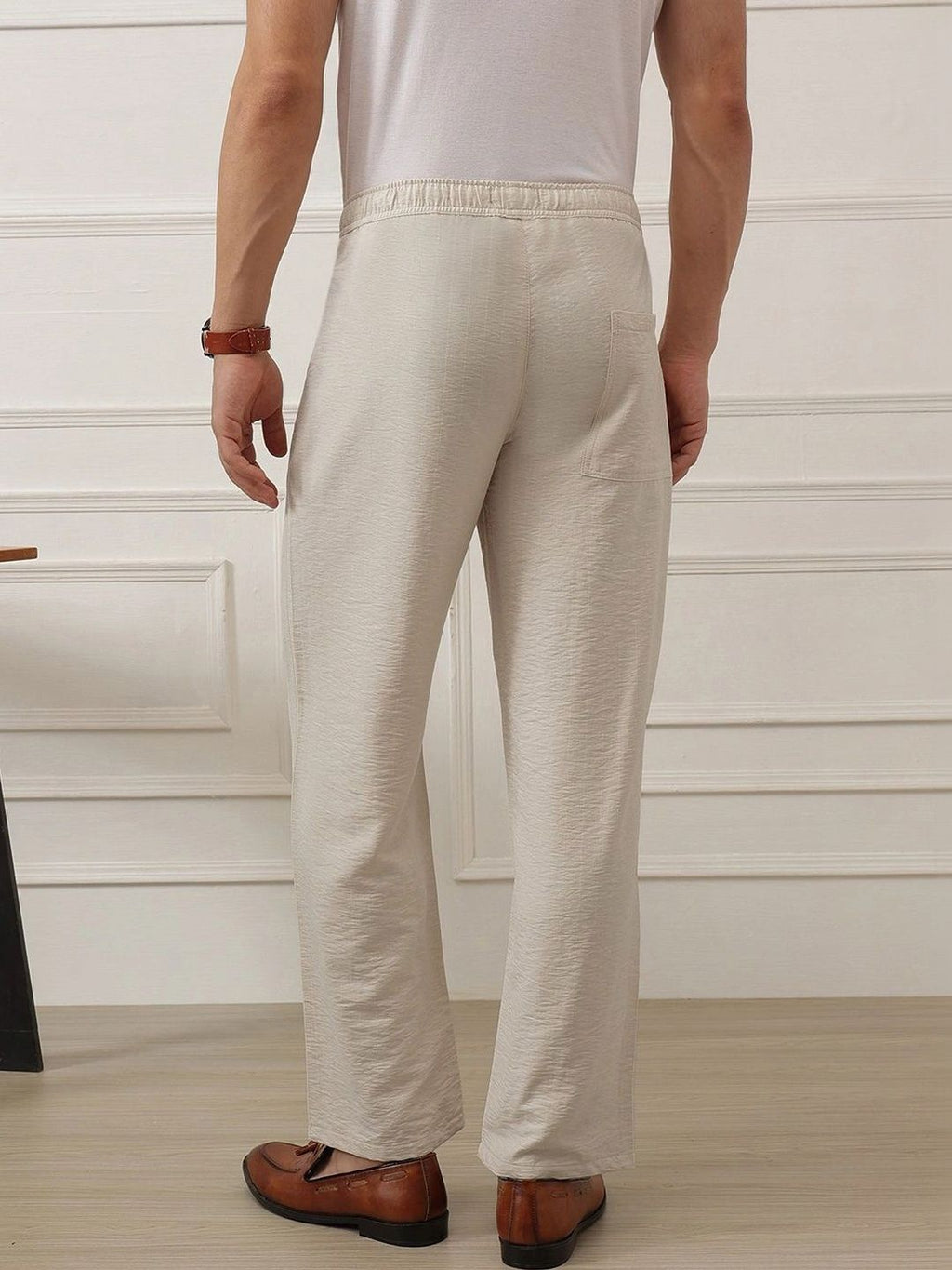Natural Smart Straight Fit Mid-Rise Pleated Woven Trouser For Men