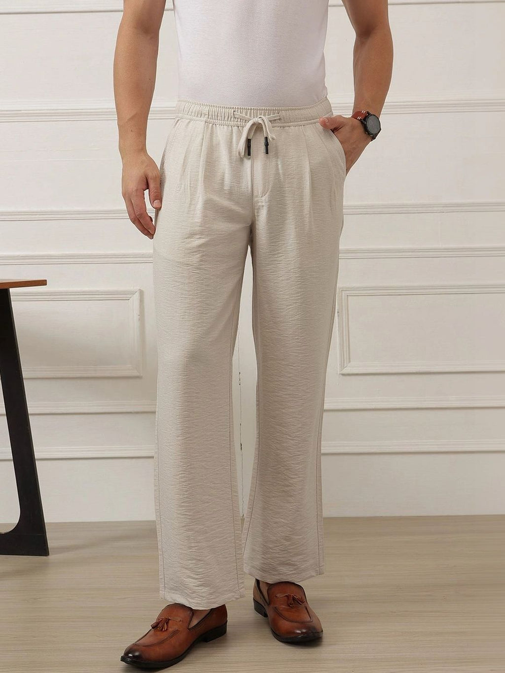 Natural Smart Straight Fit Mid-Rise Pleated Woven Trouser For Men