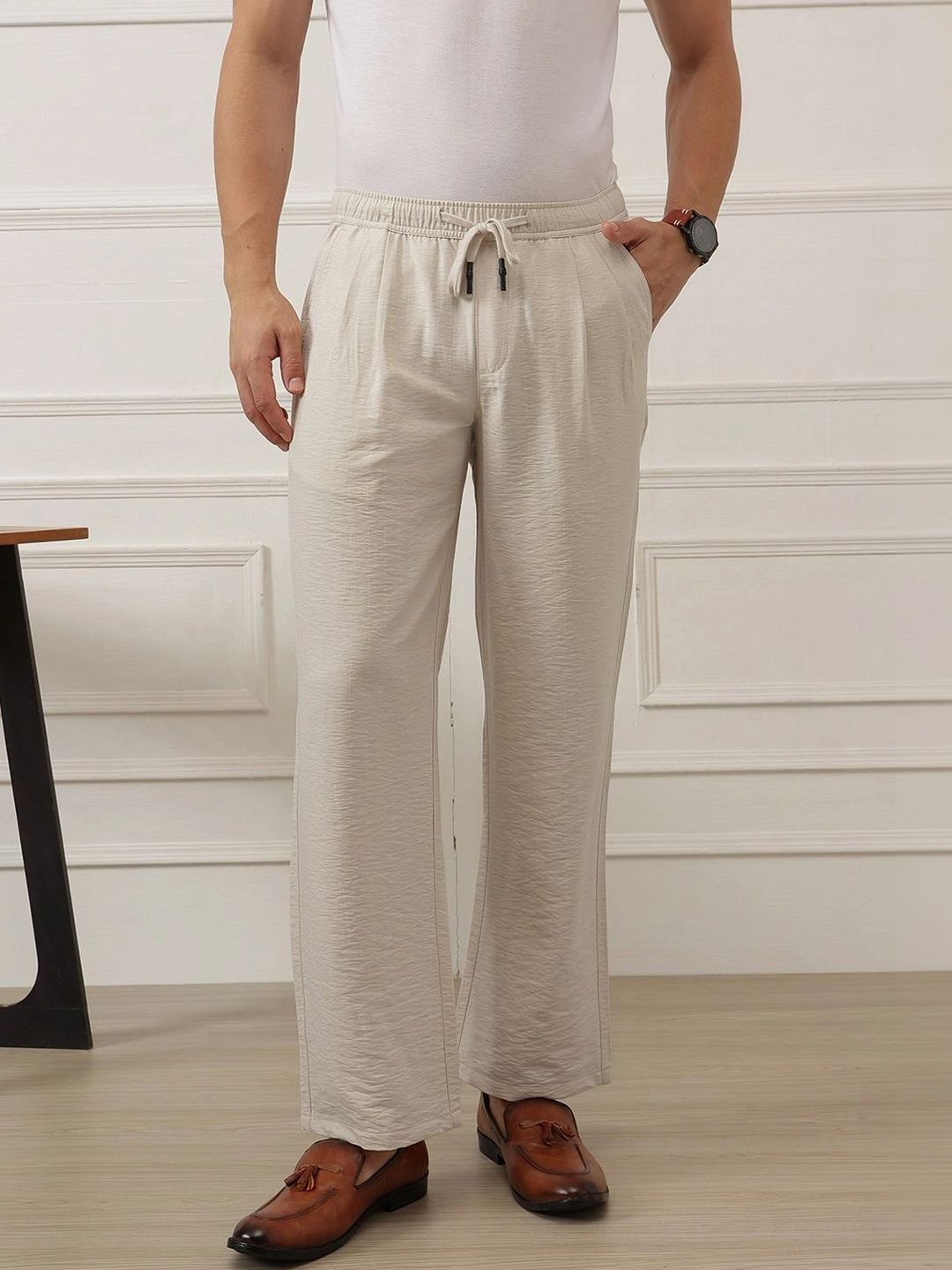 Natural Smart Straight Fit Mid-Rise Pleated Woven Trouser For Men