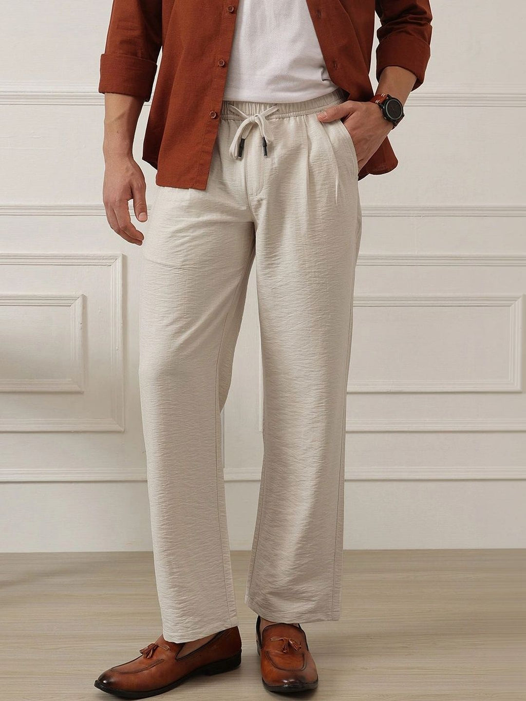 Natural Smart Straight Fit Mid-Rise Pleated Woven Trouser For Men