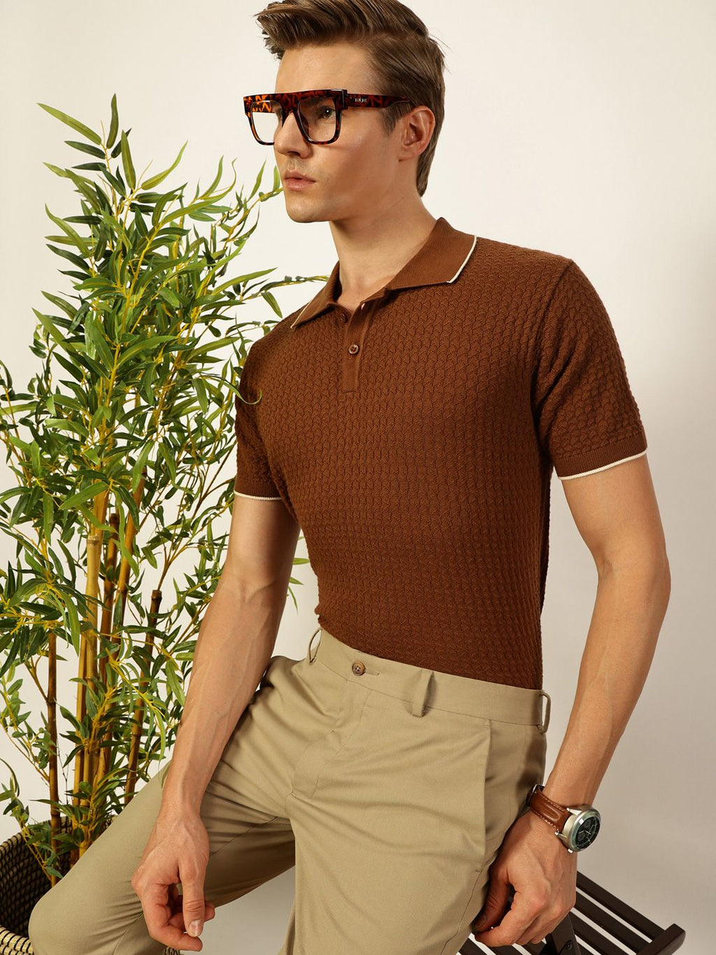 Thomas Scott Men Self Design Regular Fit Knitted Polo T-shirt