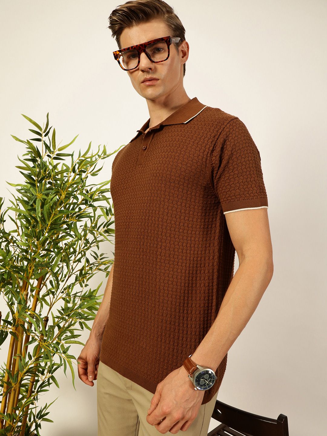 Thomas Scott Men Self Design Regular Fit Knitted Polo T-shirt