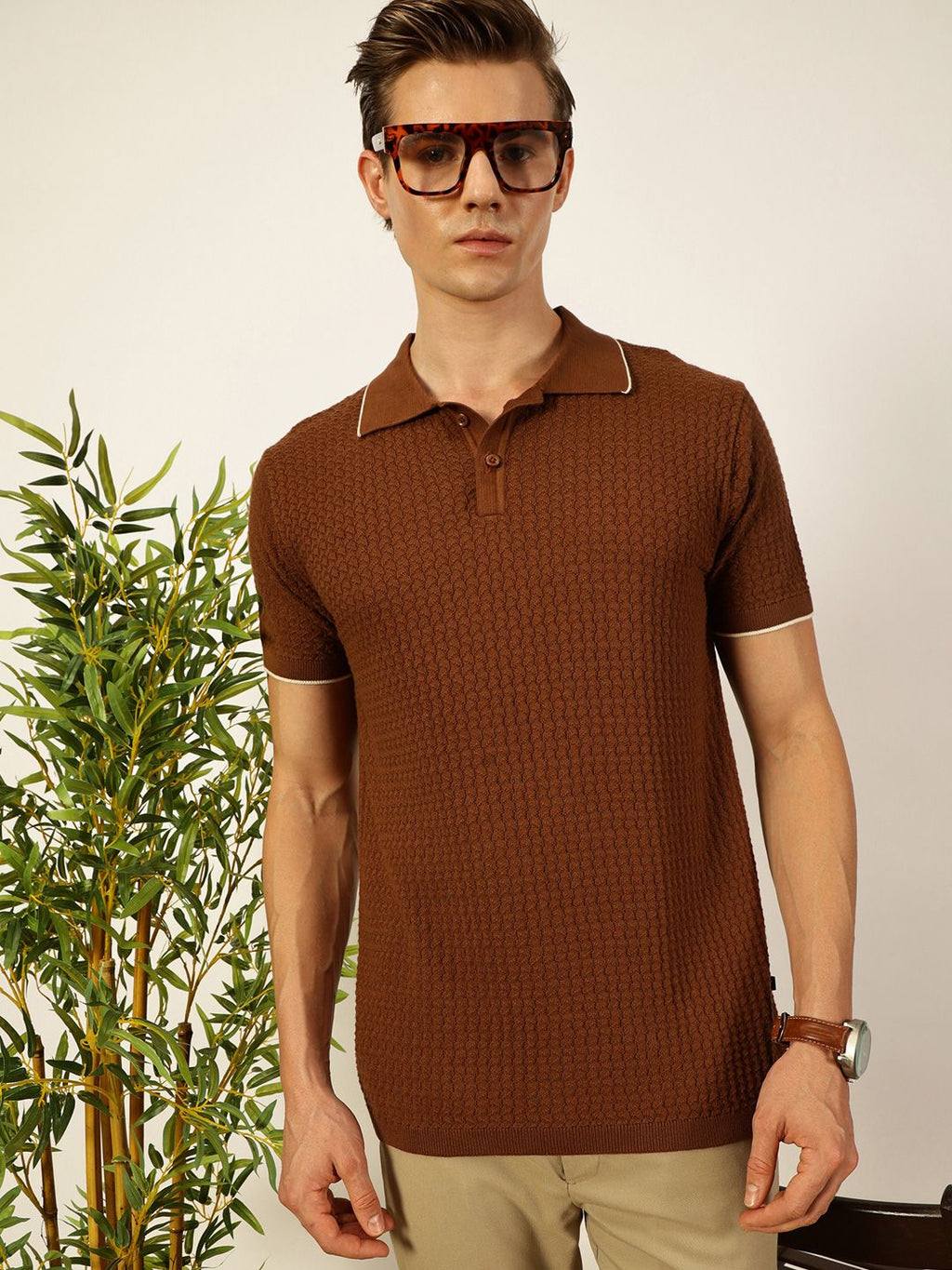 Thomas Scott Men Self Design Regular Fit Knitted Polo T-shirt