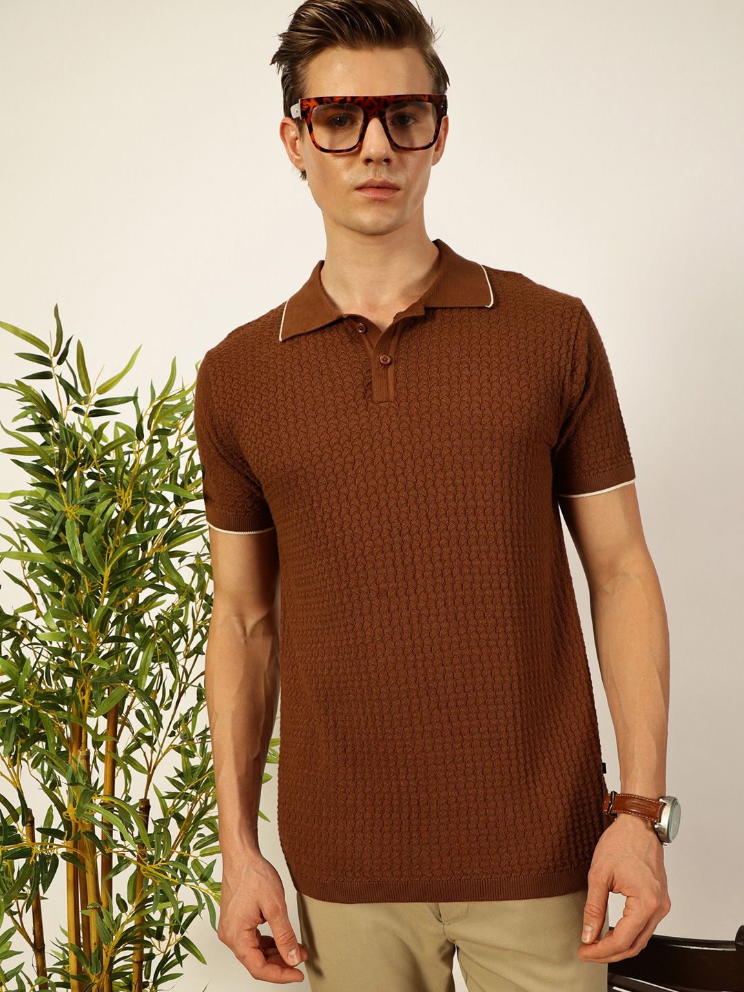 Thomas Scott Men Self Design Regular Fit Knitted Polo T-shirt