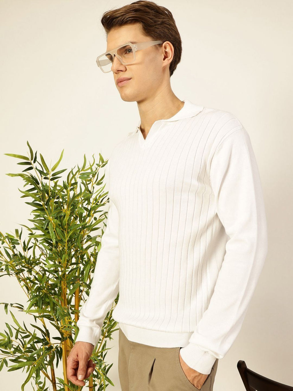 White Regular Fit Long Sleeves Textured Tshirt