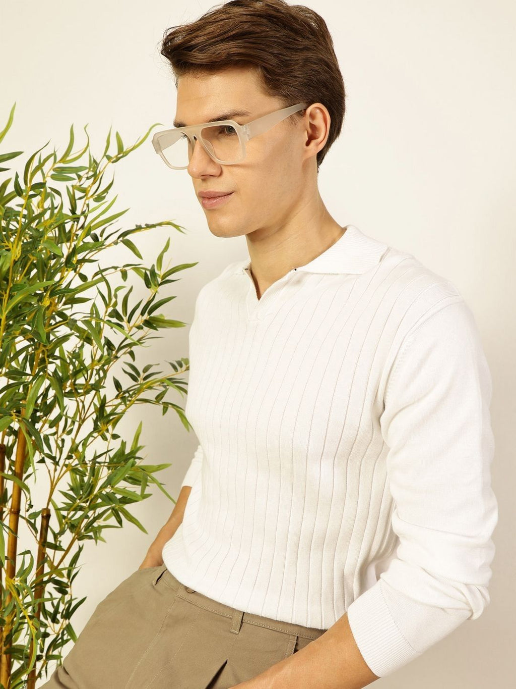 White Regular Fit Long Sleeves Textured Tshirt