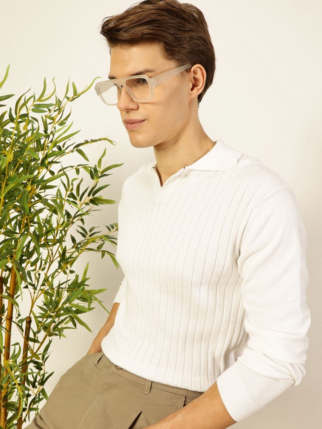White Regular Fit Long Sleeves Textured Tshirt
