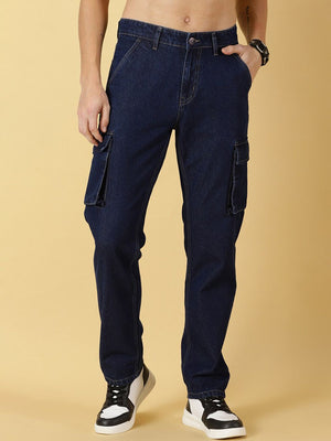 Dark Blue Comfort Relaxed Fit Clean Look Pure Cotton Cargo Jeans For Men