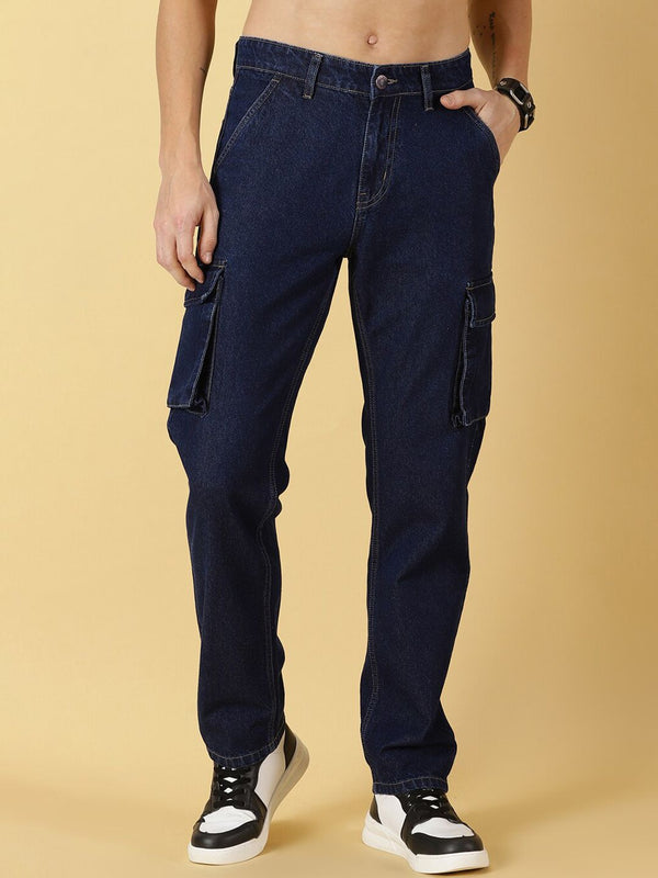Dark Blue Comfort Relaxed Fit Clean Look Pure Cotton Cargo Jeans For Men