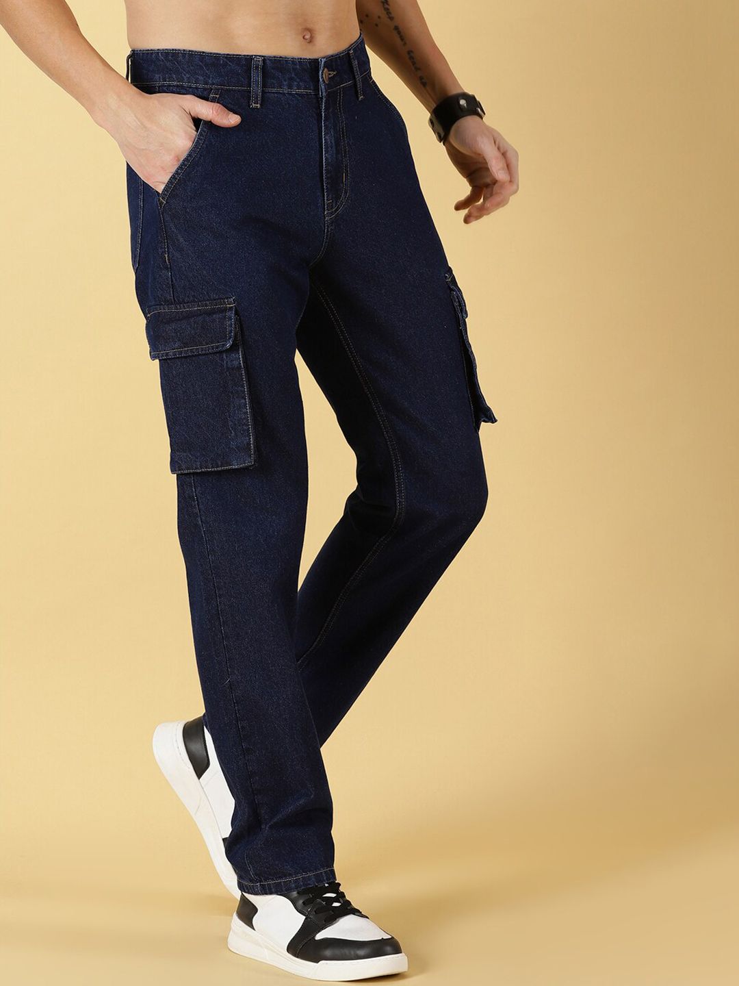 Dark Blue Comfort Relaxed Fit Clean Look Pure Cotton Cargo Jeans For Men