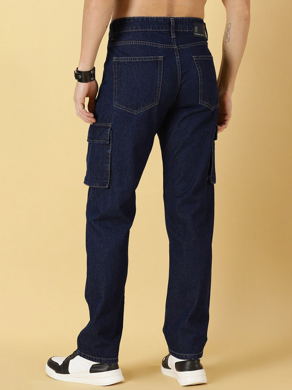 Dark Blue Comfort Relaxed Fit Clean Look Pure Cotton Cargo Jeans For Men