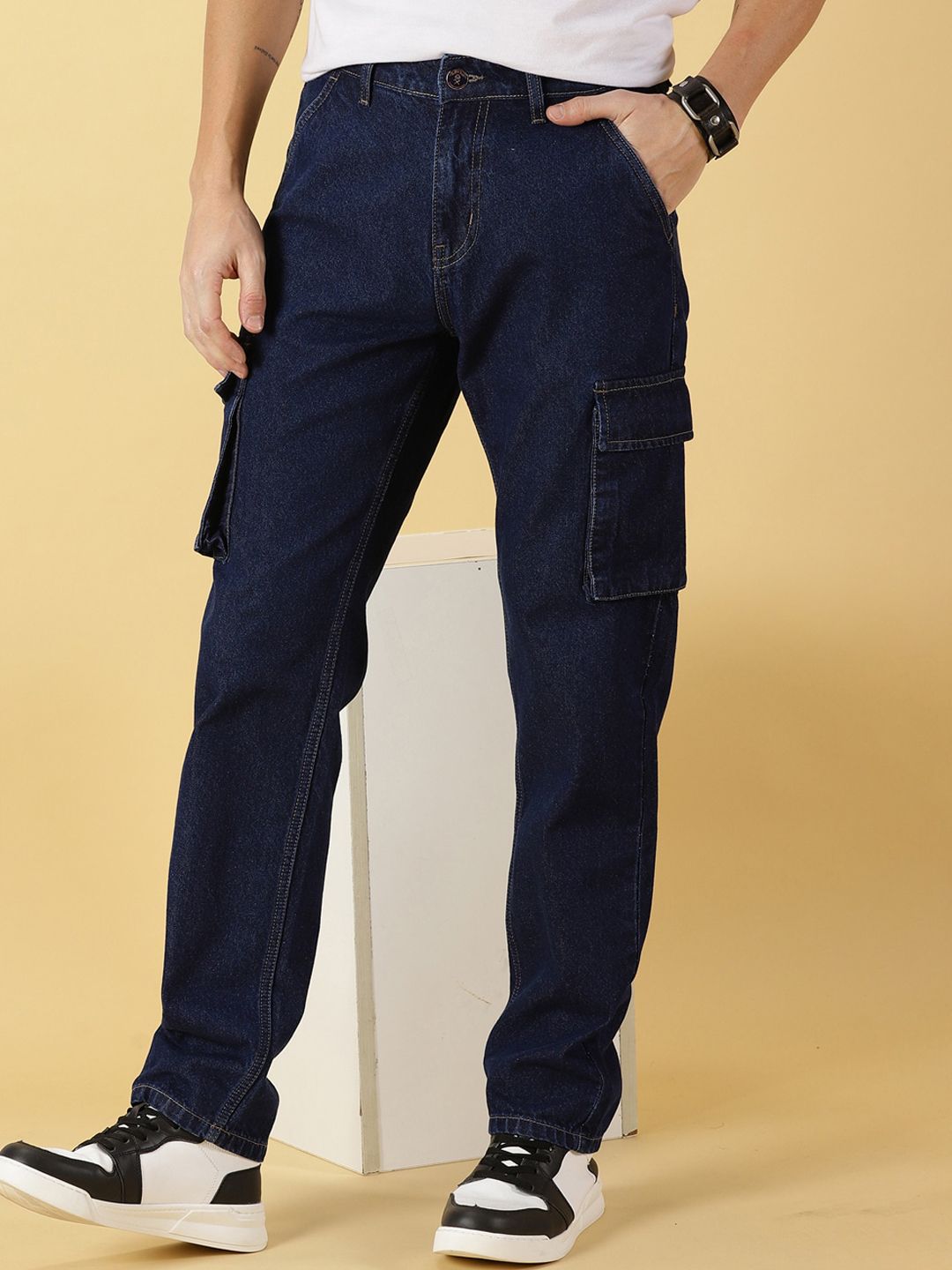 Dark Blue Comfort Relaxed Fit Clean Look Pure Cotton Cargo Jeans For Men