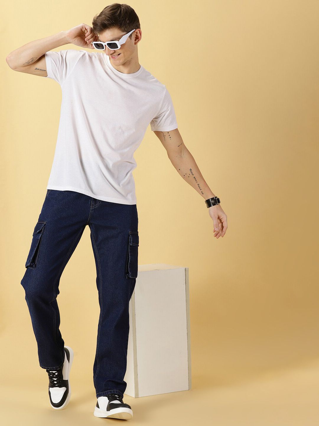 Dark Blue Comfort Relaxed Fit Clean Look Pure Cotton Cargo Jeans For Men