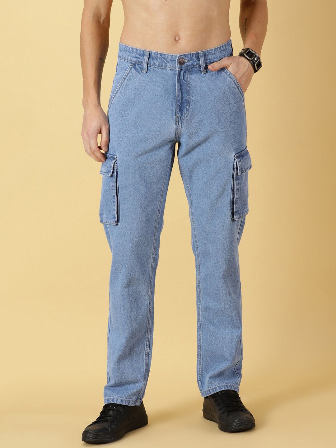 Light Blue Comfort Relaxed Fit Clean Look Pure Cotton Cargo Jeans For Men