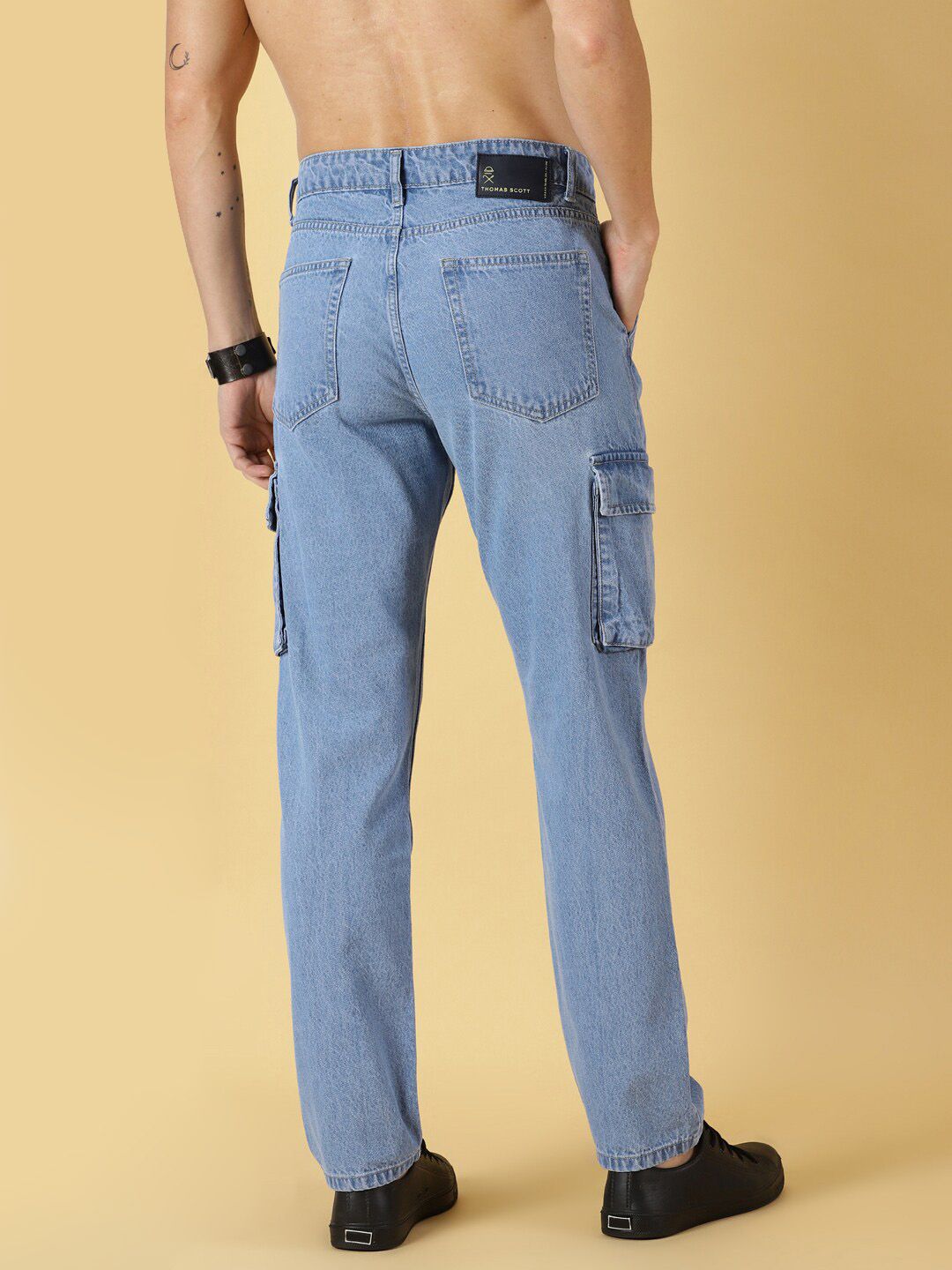 Light Blue Comfort Relaxed Fit Clean Look Pure Cotton Cargo Jeans For Men